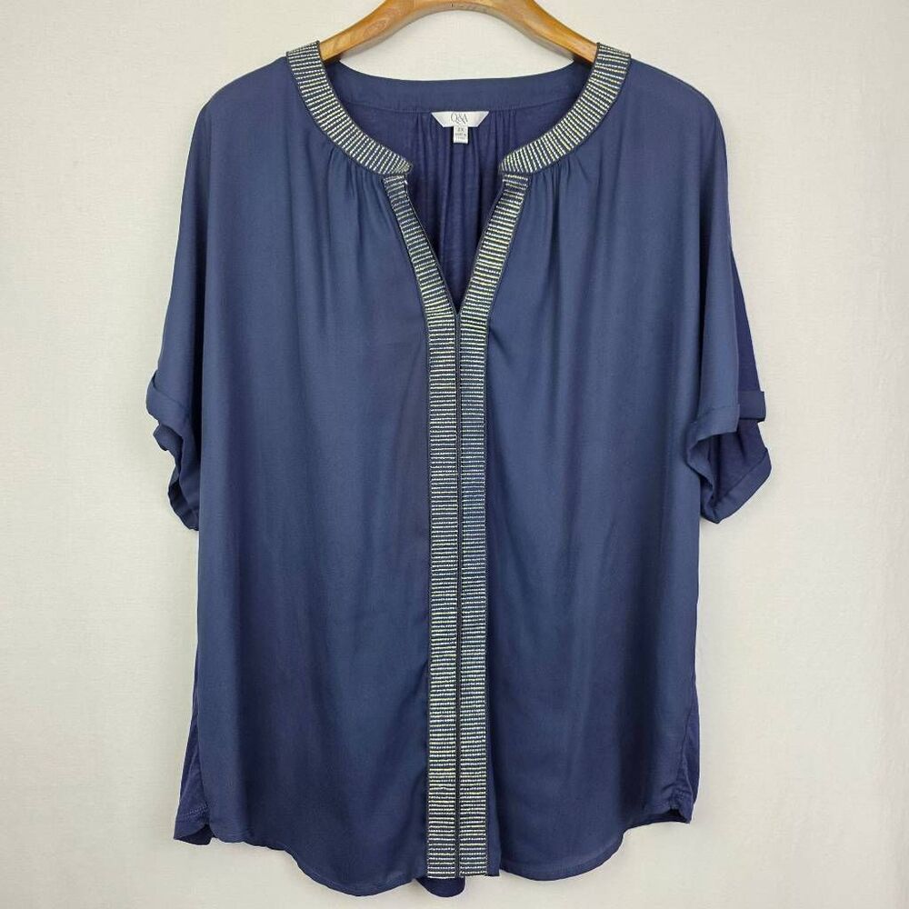 Q&A Blue Blouse 2X Embellished Split Neck Top